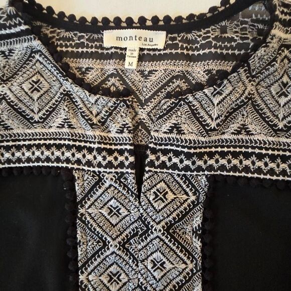 Monteau Womens Black Embroidered Long Sleeve Semi Sheer Blouse Size Medium - Picture 6 of 11